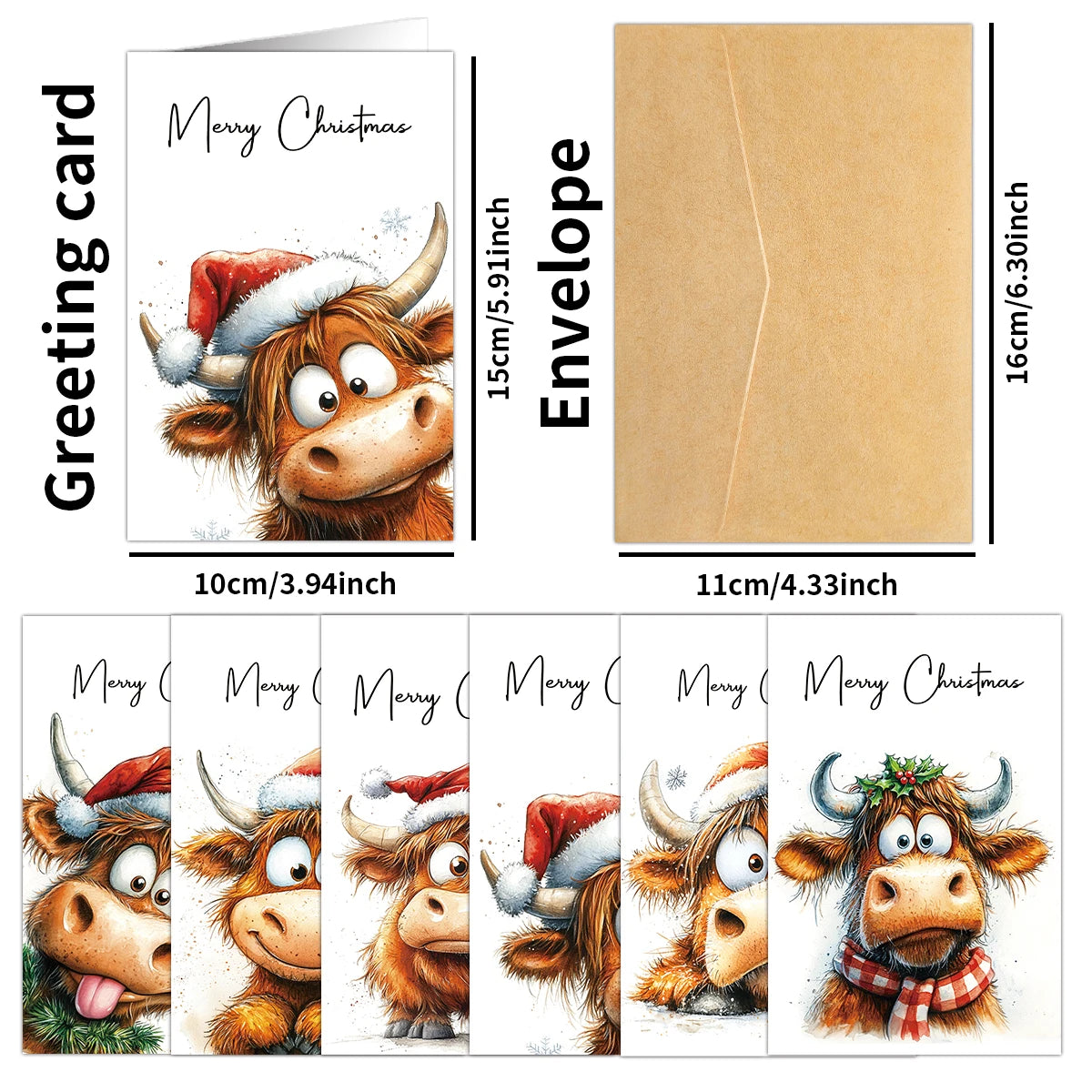 12pcs Christmas Adorable Highland Cow Greeting Cards
