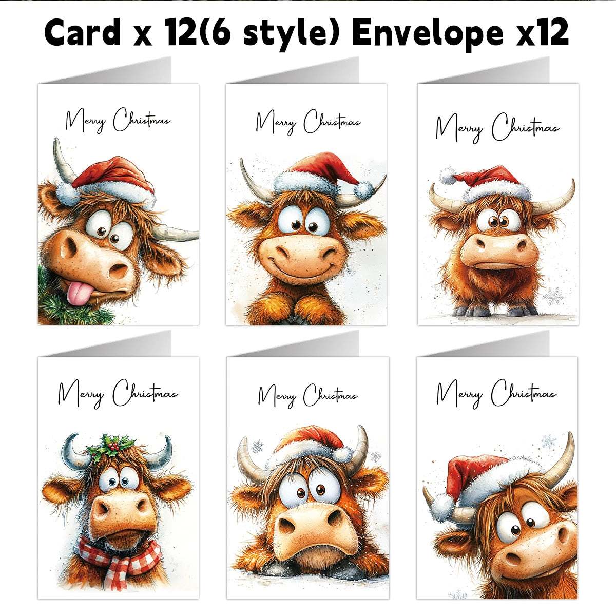 12pcs Christmas Adorable Highland Cow Greeting Cards
