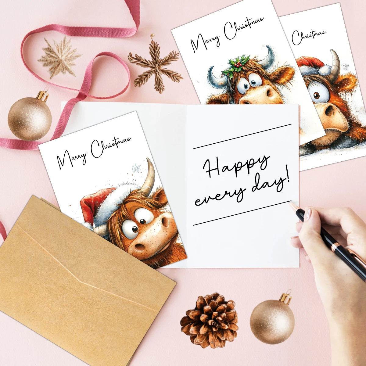 12pcs Christmas Adorable Highland Cow Greeting Cards