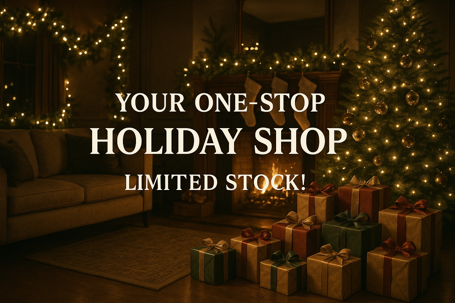 “Stylish holiday living room with soft lights, garlands, and beautifully wrapped presents — text overlay ‘Your One-Stop Holiday Shop – Limited Stock!’ — cozy glow, cinematic depth, realistic textures, upscale festive atmosphere.”