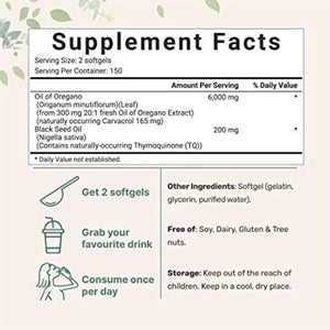 Oil Of Oregano With Black Seed Oil 6000mg Organic Oregano Oil Capsules -Non-GMO, Gluten Free 300 Softgels