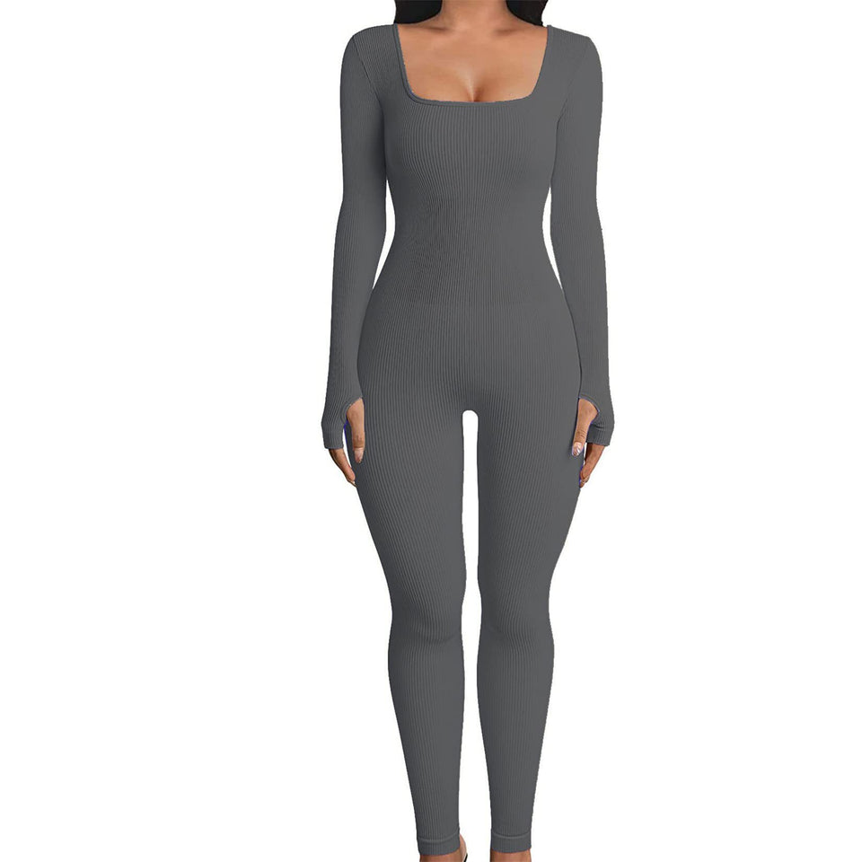Hot-selling Women's Clothing Long Sleeve Jumpsuit Yoga Sexy One-piece Square Collar Sportwear