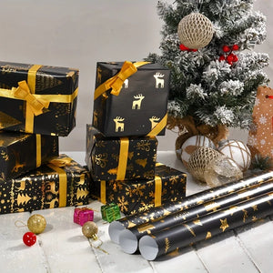6-Pack Black and Gold Foil Christmas Wrapping Paper