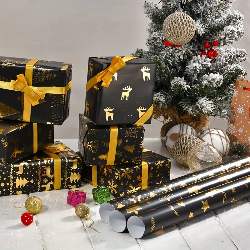 6-Pack Black and Gold Foil Christmas Wrapping Paper
