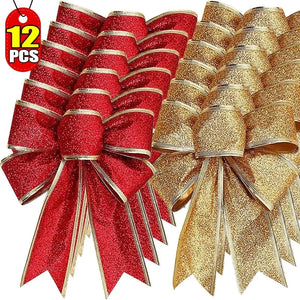 12/1pcs Glitter Bow Gold Red Xmas Tree