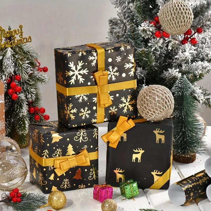 6-Pack Black and Gold Foil Christmas Wrapping Paper