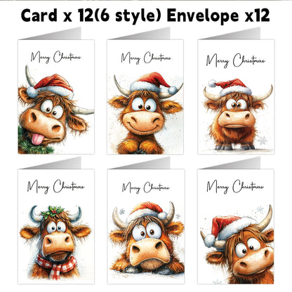 12pcs Christmas Adorable Highland Cow Greeting Cards