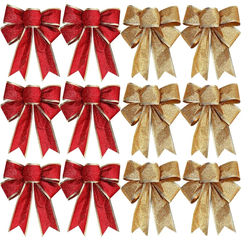 12/1pcs Glitter Bow Gold Red Xmas Tree
