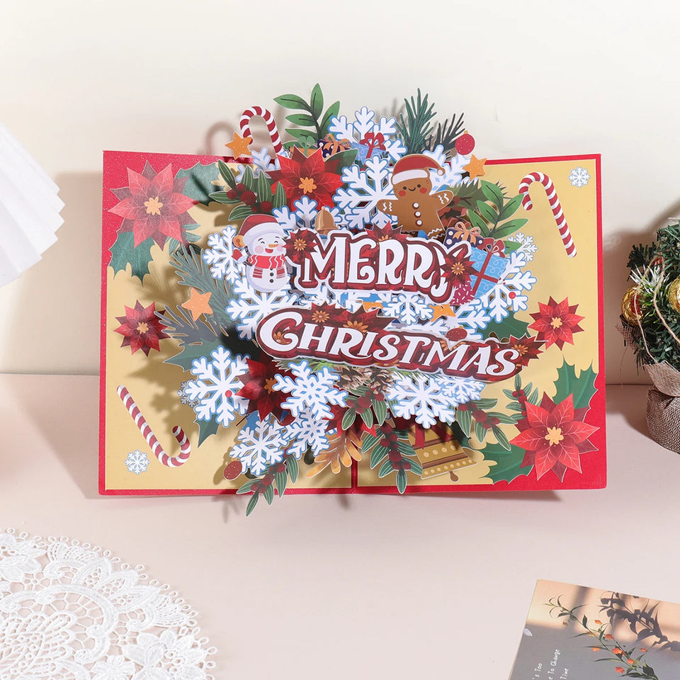 1PC Christmas snowflake floral pattern 3D pop-up greeting card