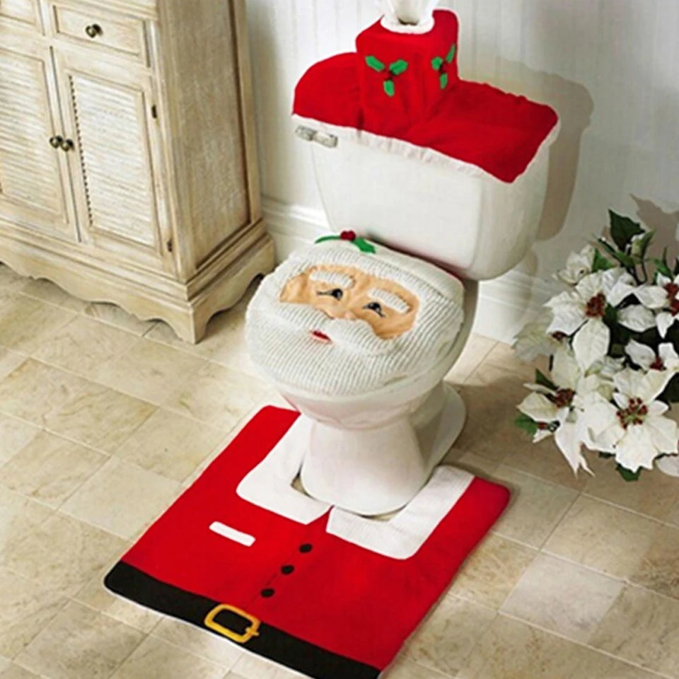 3pcs SET Merry Christmas Santa Toilet Seat Cover 3D Cartoon Bathroom Mat