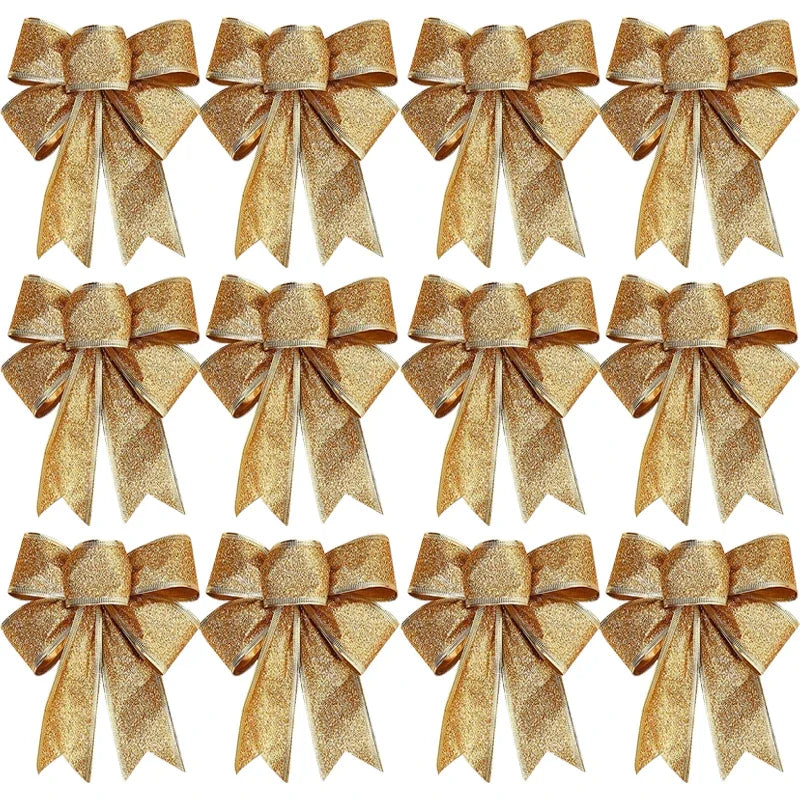12/1pcs Glitter Bow Gold Red Xmas Tree