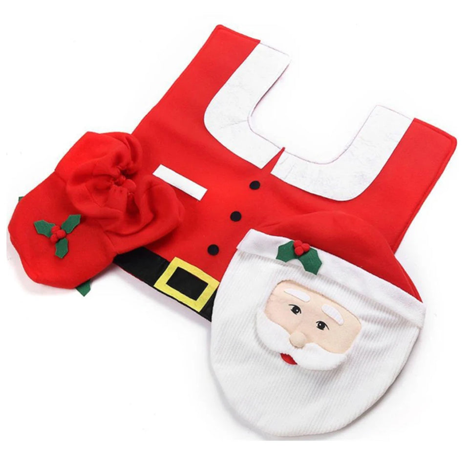 3pcs SET Merry Christmas Santa Toilet Seat Cover 3D Cartoon Bathroom Mat