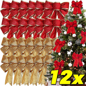12/1pcs Glitter Bow Gold Red Xmas Tree