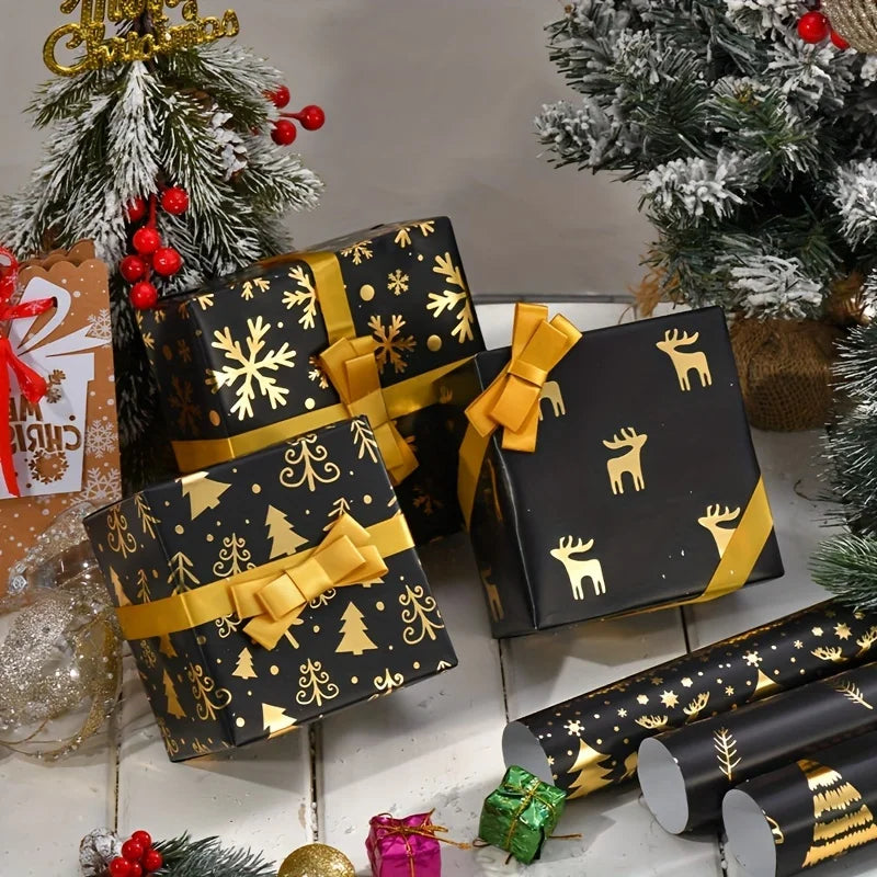 6-Pack Black and Gold Foil Christmas Wrapping Paper