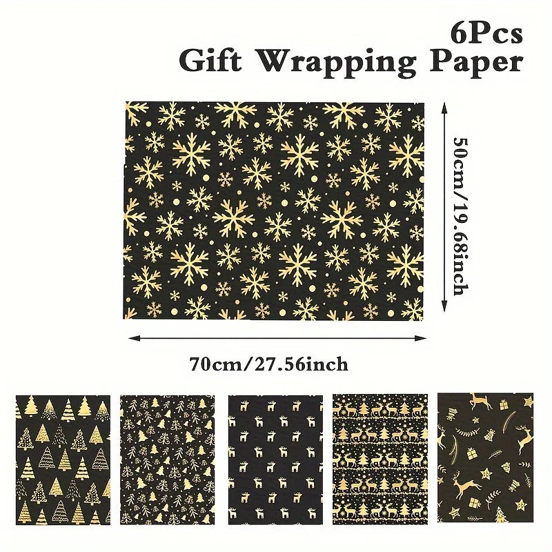 6-Pack Black and Gold Foil Christmas Wrapping Paper
