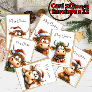 12pcs Christmas Adorable Highland Cow Greeting Cards