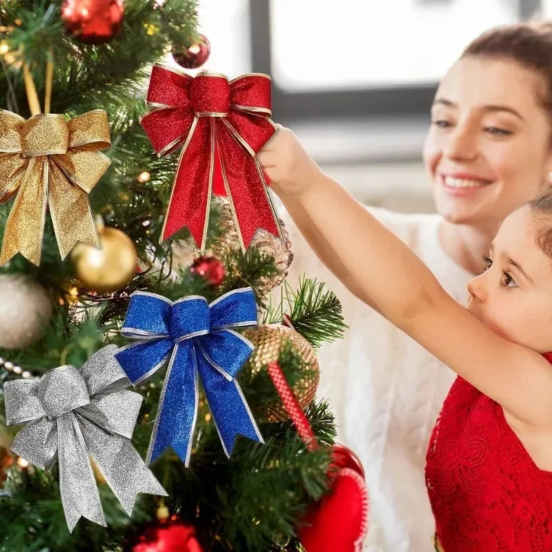 12/1pcs Glitter Bow Gold Red Xmas Tree