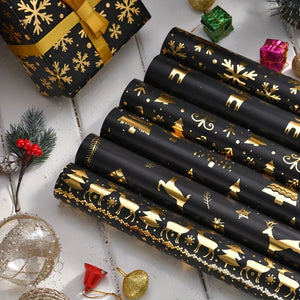 6-Pack Black and Gold Foil Christmas Wrapping Paper