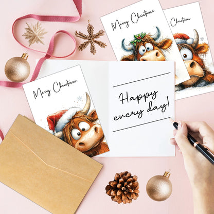 12pcs Christmas Adorable Highland Cow Greeting Cards
